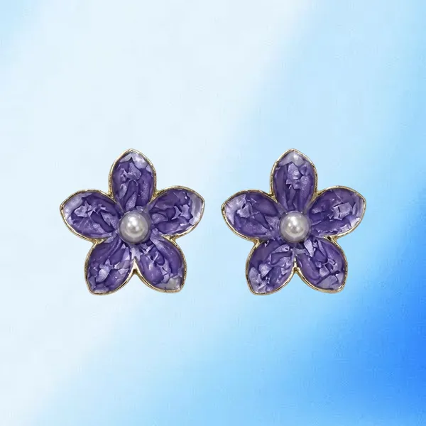 Korean_Style_Purple_Marbled_Enamel_Flower_Stud_Earrings_With_Pearl_Core