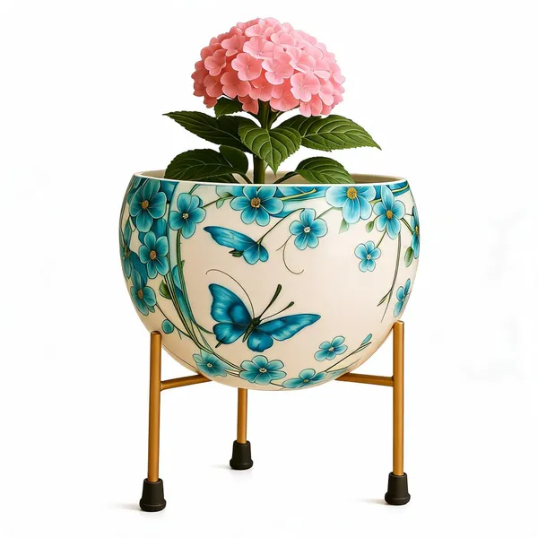Porcelain_Decorative_Blue_Floral_Butterfly_Print_Planter_With_Stand