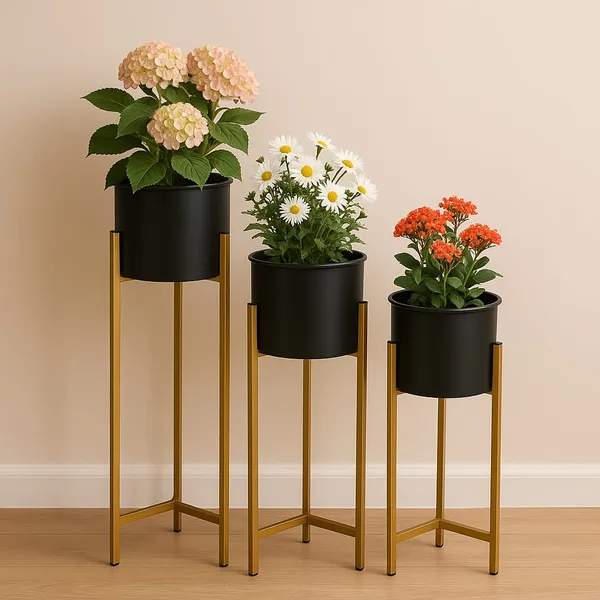 Metal_Modern_Black_Gold_Three-Piece_Plant_Stand_Set_With_Pots