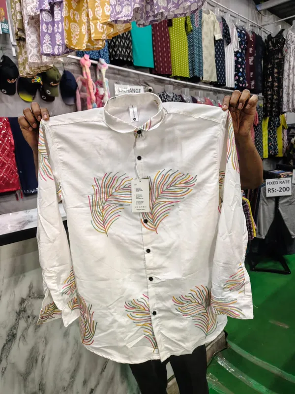 White_Cotton_Regular_Fit_Mandarin_Collar_Printed_Shirt_For_Men