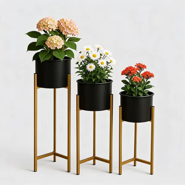 Metal_Modern_Black_Gold_Three-Piece_Plant_Stand_Set_With_Pots