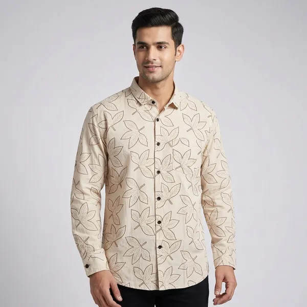Cream_Cotton_Relaxed_Fit_Leaf_Print_Shirt_For_Men