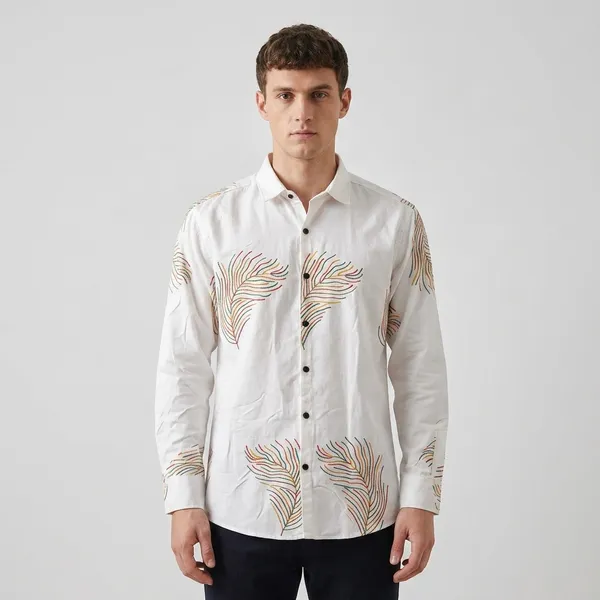 White_Cotton_Regular_Fit_Feather_Print_Shirt_For_Men