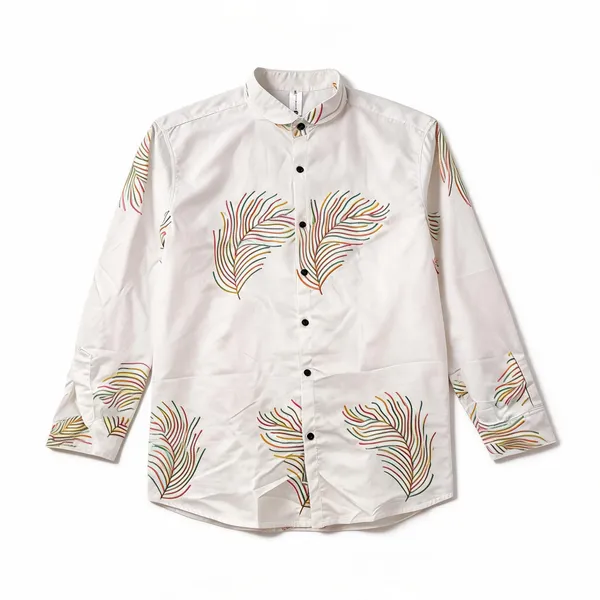 White_Cotton_Regular_Fit_Mandarin_Collar_Printed_Shirt_For_Men