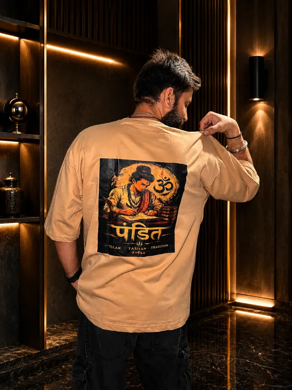 Beige_Terry_Cotton_Oversized_Pandit_Graphic_Print_T-Shirt_For_Unisex