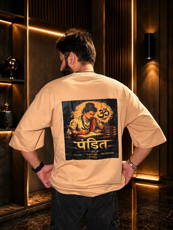Beige_Terry_Cotton_Oversized_Pandit_Graphic_Print_T-Shirt_For_Unisex
