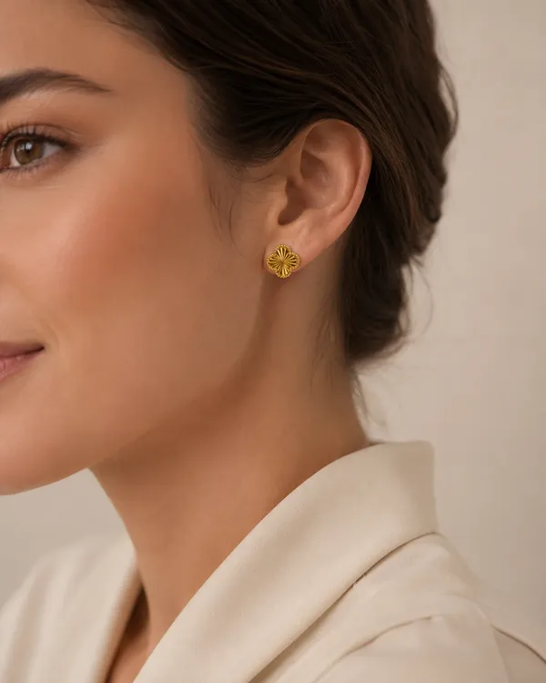 Gold_Clover_Stud_Earrings_with_Textured_Sunburst_Pattern