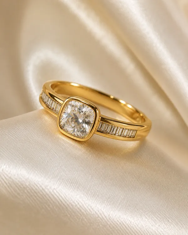Gold_Cushion_Cut_Diamond_Ring_With_Channel_Set_Baguette_Band