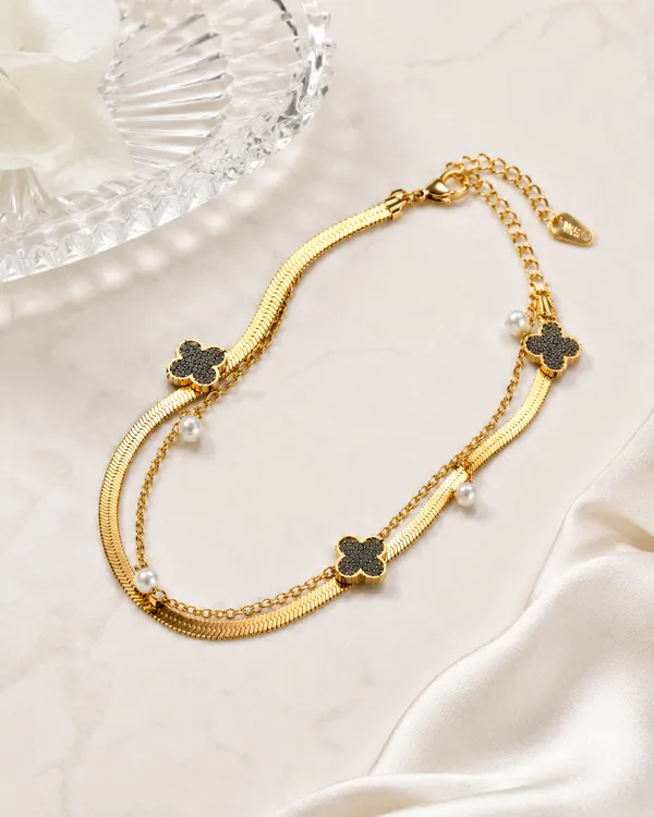 Gold_Plated_Black_Clover_Pearl_Charm_Layered_Bracelet_for_Women