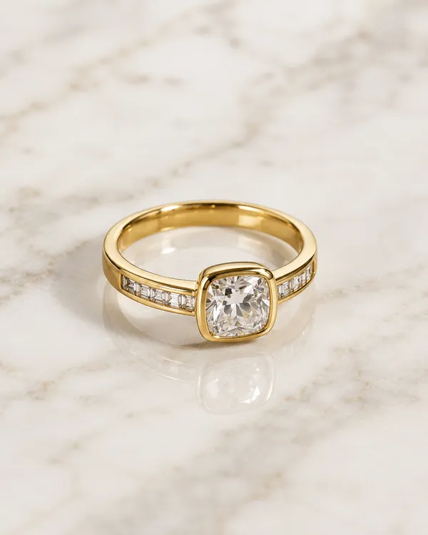 Gold_Cushion_Cut_Diamond_Ring_With_Channel_Set_Baguette_Band
