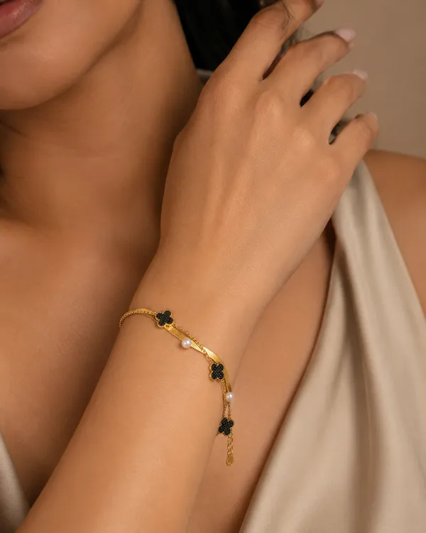 Gold_Plated_Black_Clover_Pearl_Charm_Layered_Bracelet_for_Women