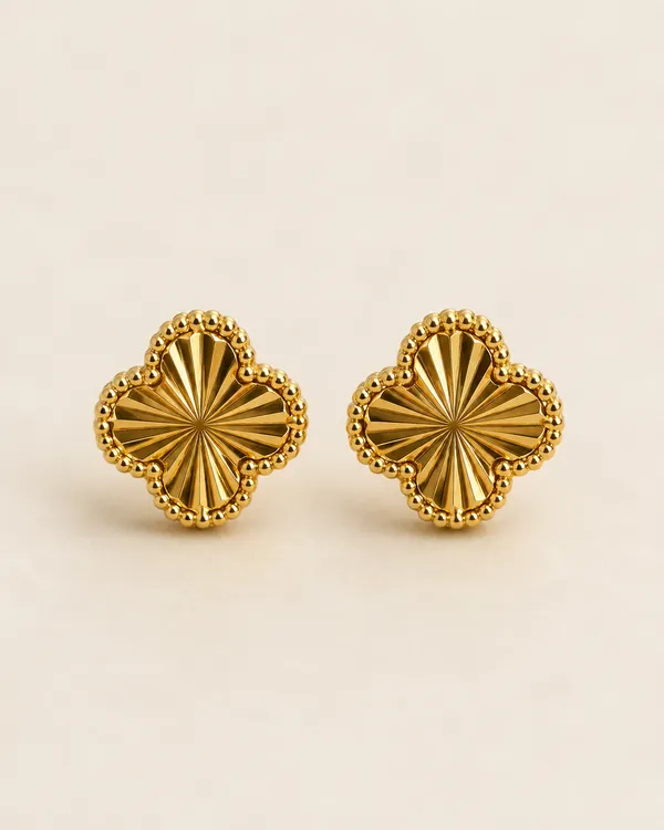 Gold_Clover_Stud_Earrings_with_Textured_Sunburst_Pattern