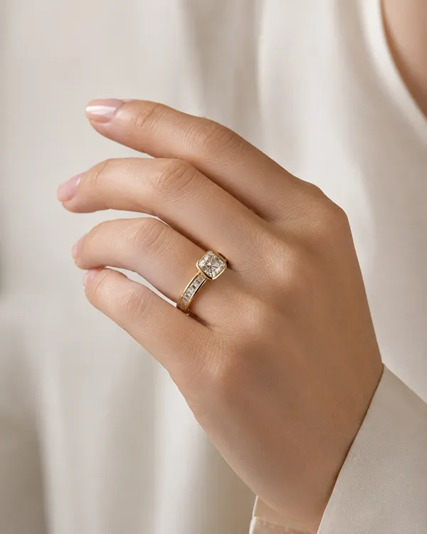 Gold_Cushion_Cut_Diamond_Ring_With_Channel_Set_Baguette_Band