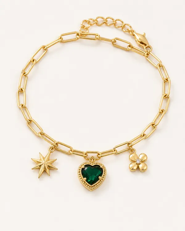 Gold_Charm_Bracelet_with_Green_Heart_Stone_Star_and_Floral_Charms