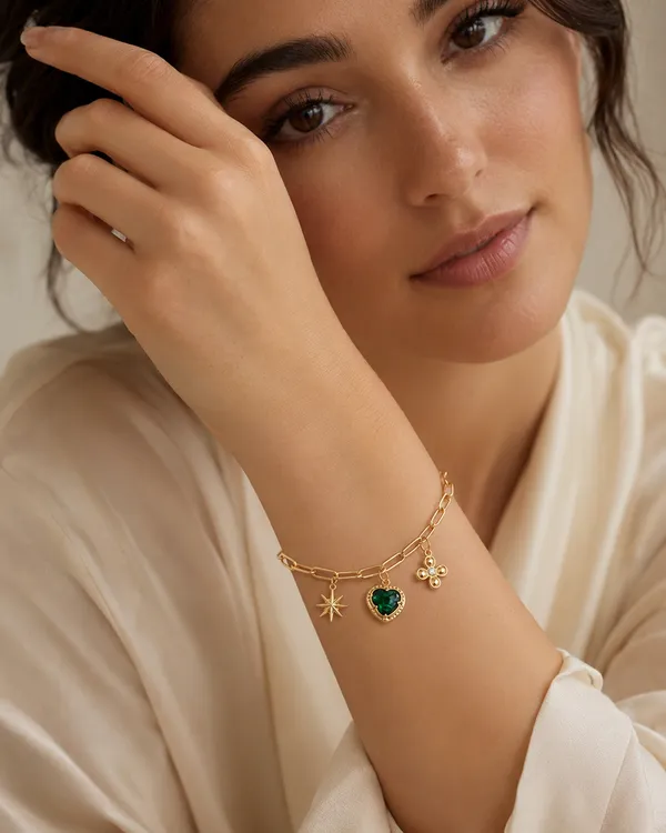 Gold_Charm_Bracelet_with_Green_Heart_Stone_Star_and_Floral_Charms