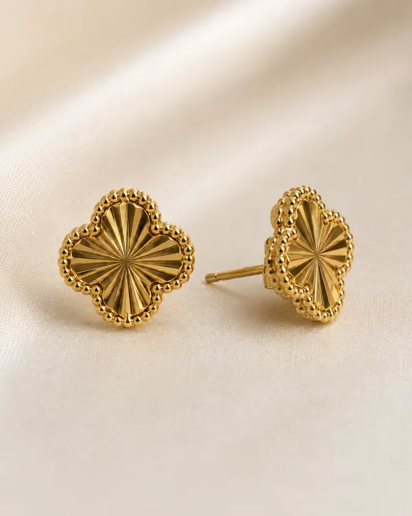 Gold_Clover_Stud_Earrings_with_Textured_Sunburst_Pattern