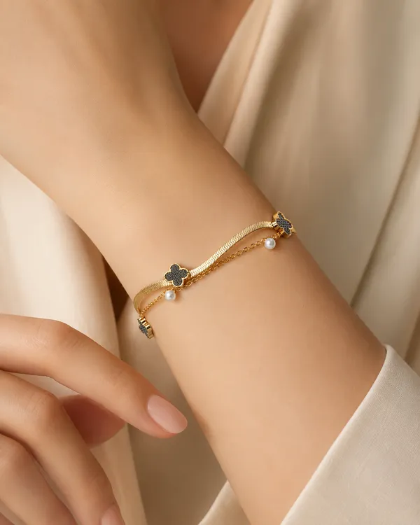 Gold_Plated_Black_Clover_Pearl_Charm_Layered_Bracelet_for_Women