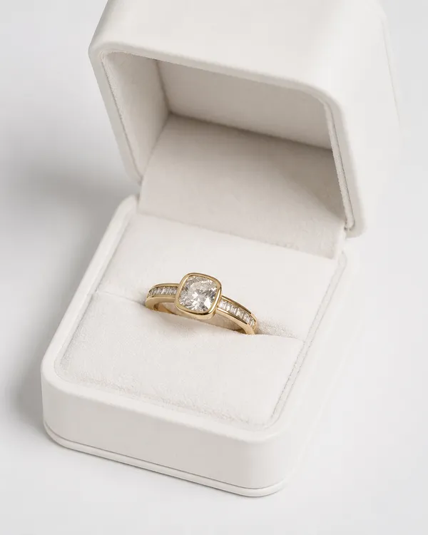 Gold_Cushion_Cut_Diamond_Ring_With_Channel_Set_Baguette_Band