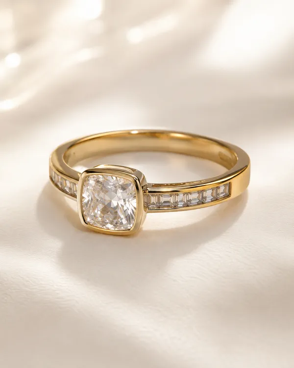 Gold_Cushion_Cut_Diamond_Ring_With_Channel_Set_Baguette_Band