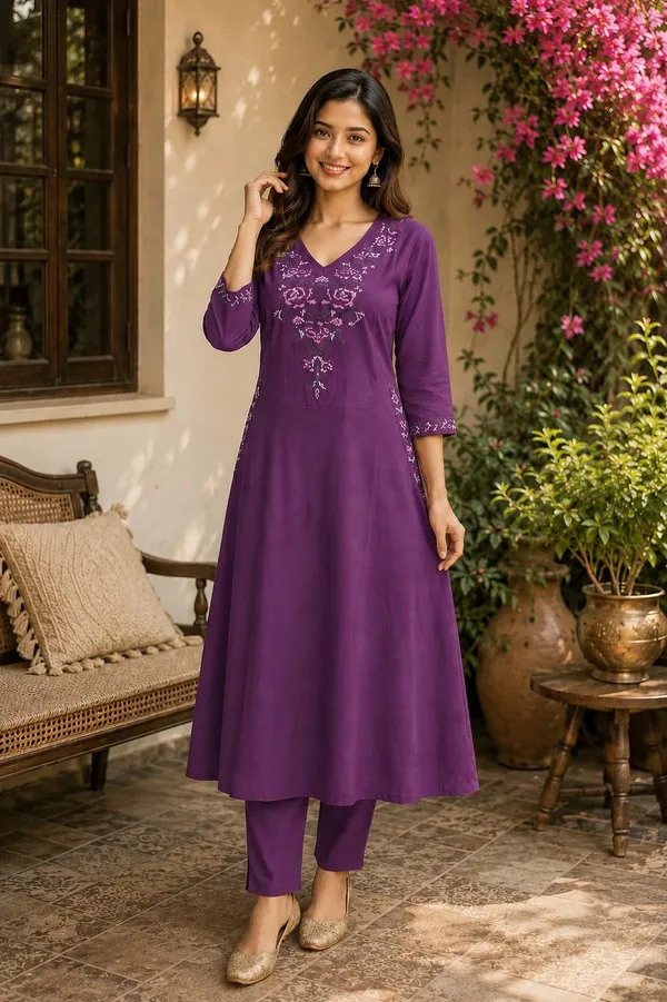 Purple_Embroidered_V-Neck_Kurta_Set_for_Women