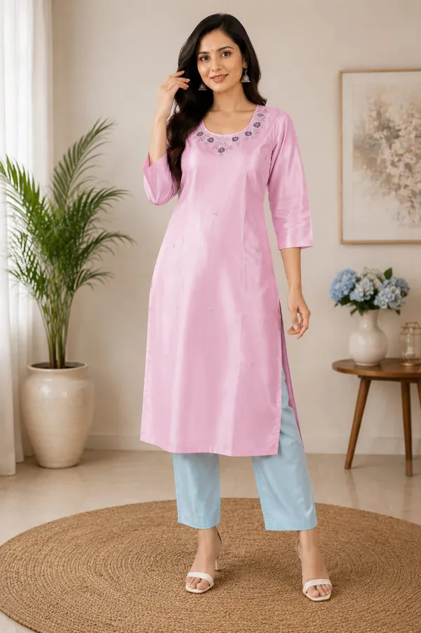 Pink_Embroidered_Round_Neck_Three_Quarter_Sleeve_Kurta_for_Women