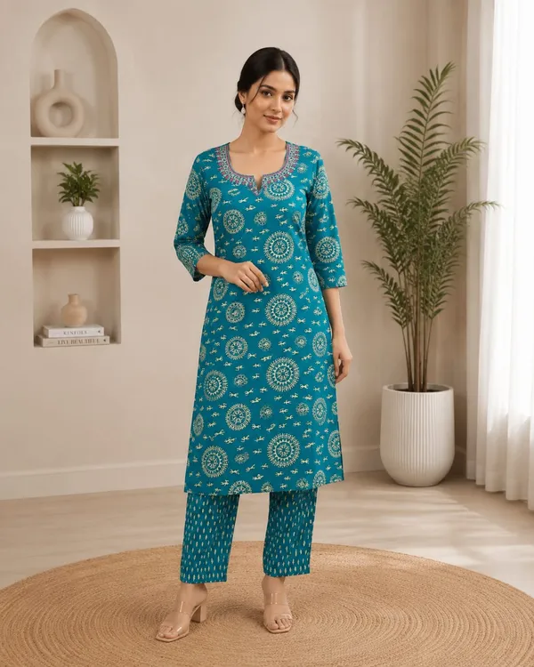 Turquoise_Blue_Cotton_Printed_Kurta_with_Pants_Set_for_Women