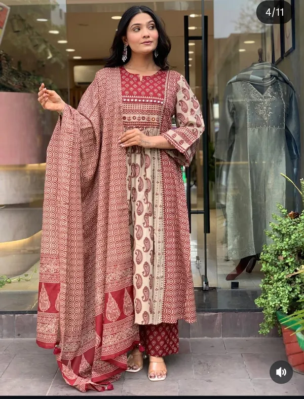 white_And_Red_Printed_Cotton_Anarkali_Kurta_Set_With_Dupatta_For_Women