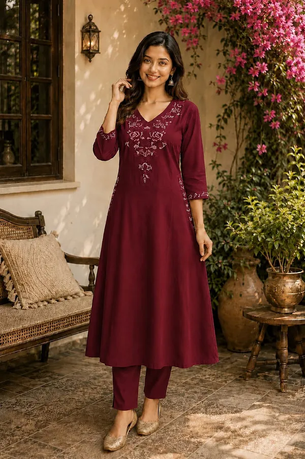 Maroon_Embroidered_A-Line_Kurta_with_Pants_for_Women