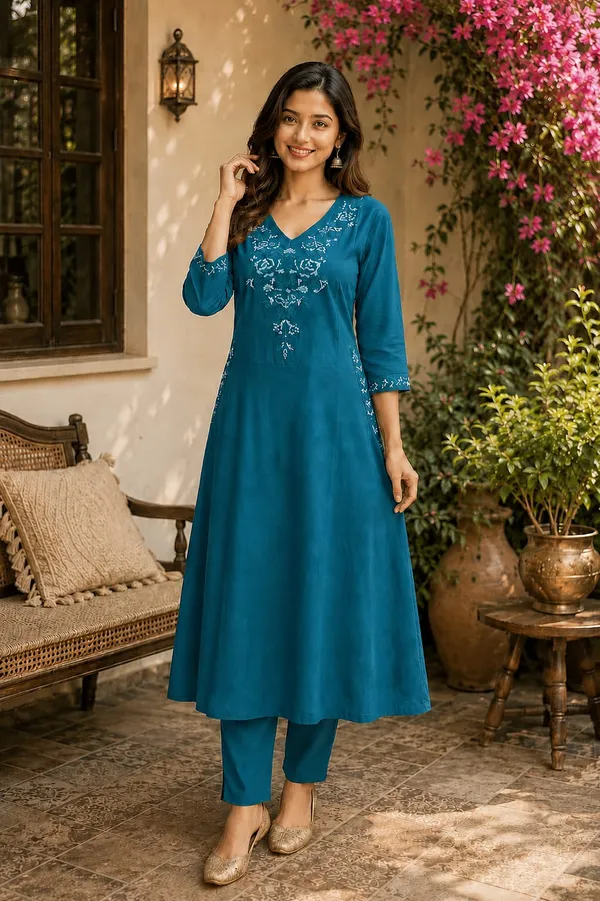 Teal_Embroidered_A-Line_Kurta_with_Pants_for_Women
