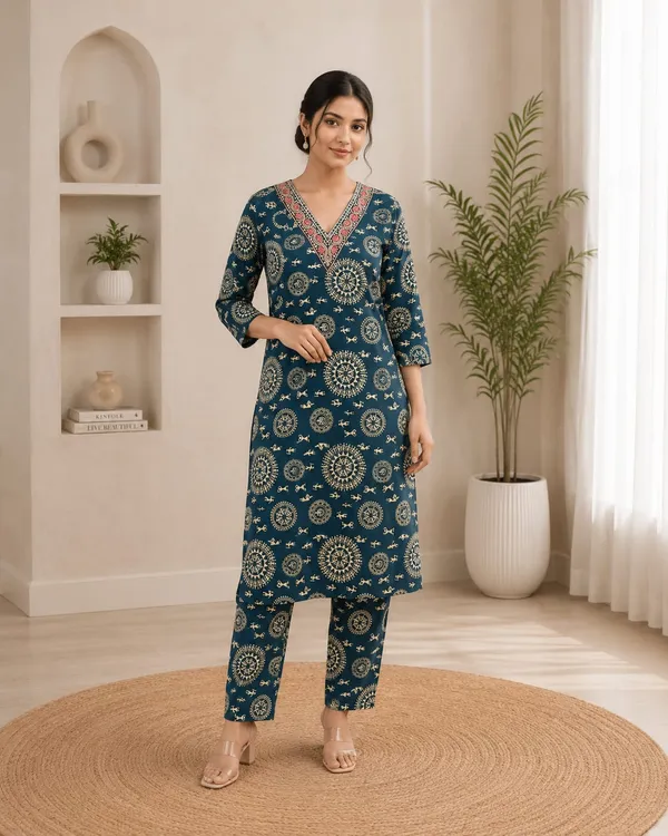 Teal_Blue_Printed_Straight_Kurta_With_Pants_Set_For_Women