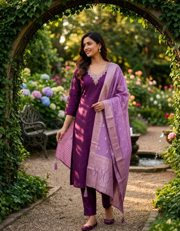 Purple_Embroidered_Kurta_with_Banarasi_Dupatta