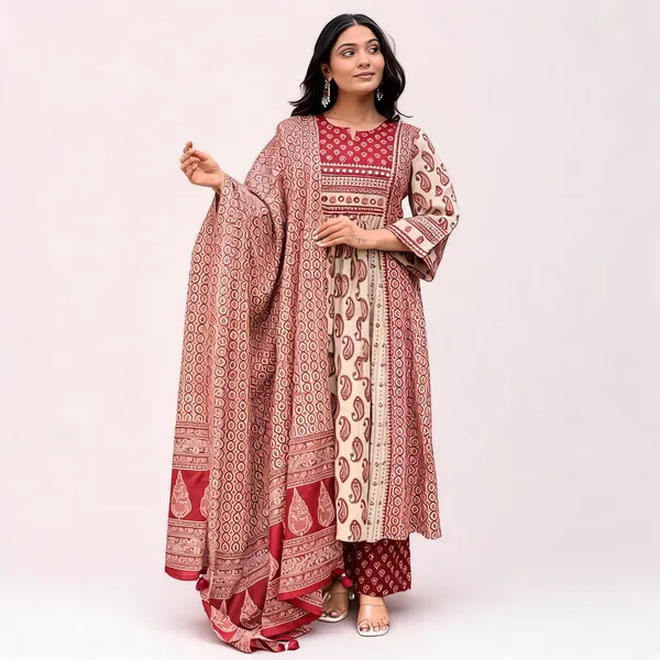 white_And_Red_Printed_Cotton_Anarkali_Kurta_Set_With_Dupatta_For_Women
