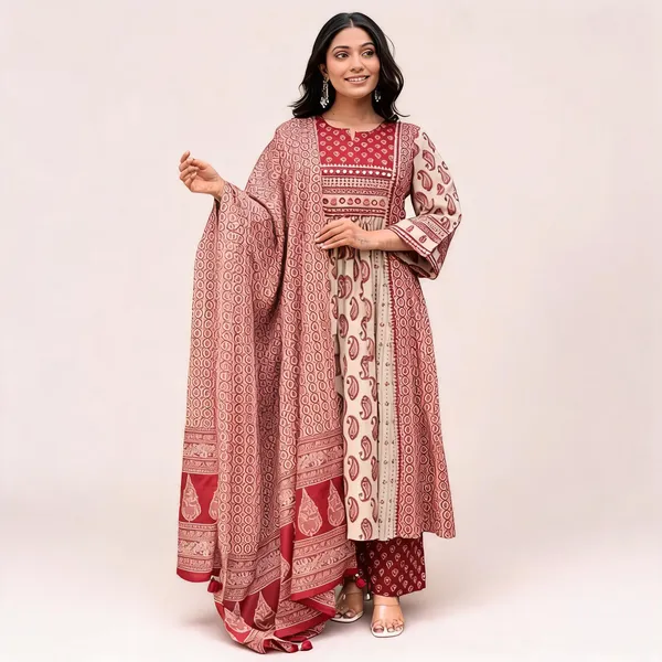 white_And_Red_Printed_Cotton_Anarkali_Kurta_Set_With_Dupatta_For_Women