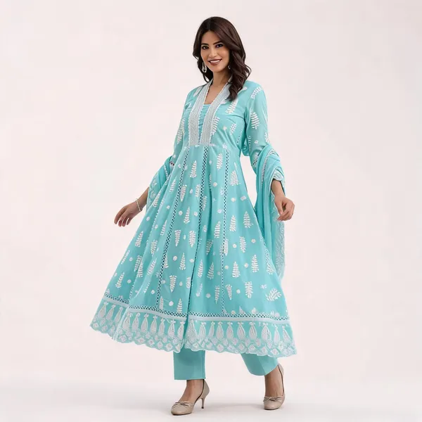 Turquoise_Cotton_Anarkali_Kurta_Set_for_Women