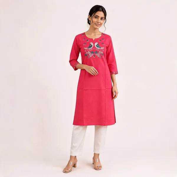 Pink_Cotton_Embroidered_Peacock_Kurta_for_Women