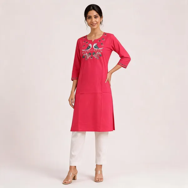 Pink_Cotton_Embroidered_Peacock_Kurta_for_Women