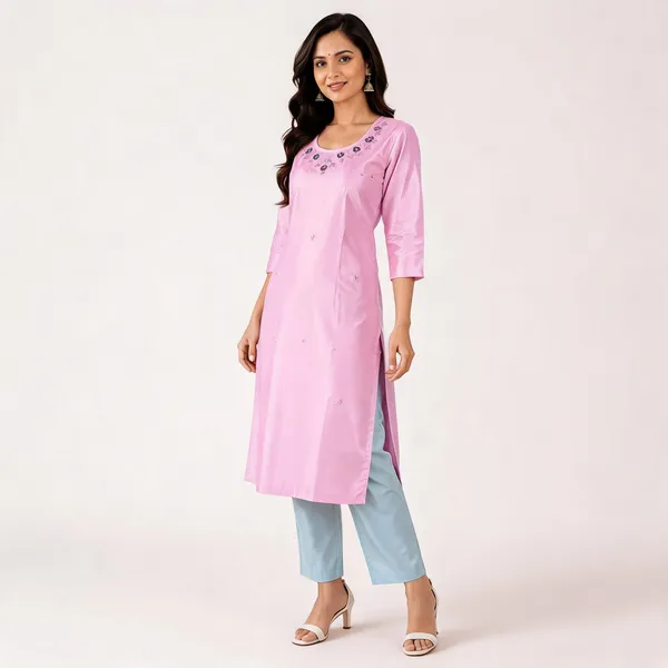 Pink_Embroidered_Round_Neck_Three_Quarter_Sleeve_Kurta_for_Women