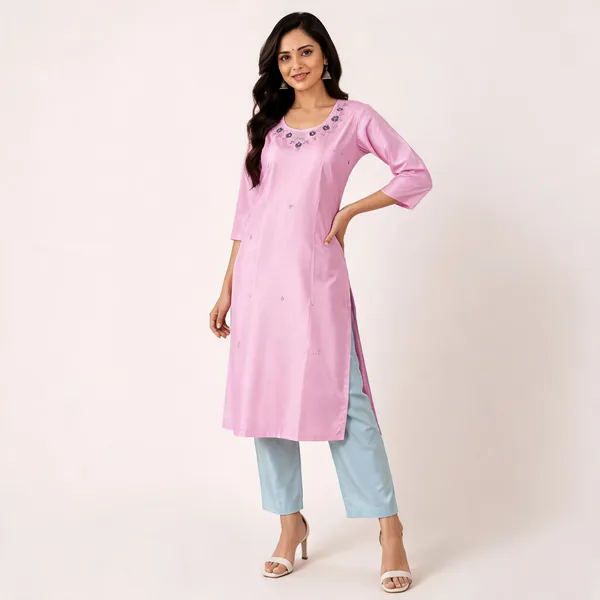 Pink_Embroidered_Round_Neck_Three_Quarter_Sleeve_Kurta_for_Women