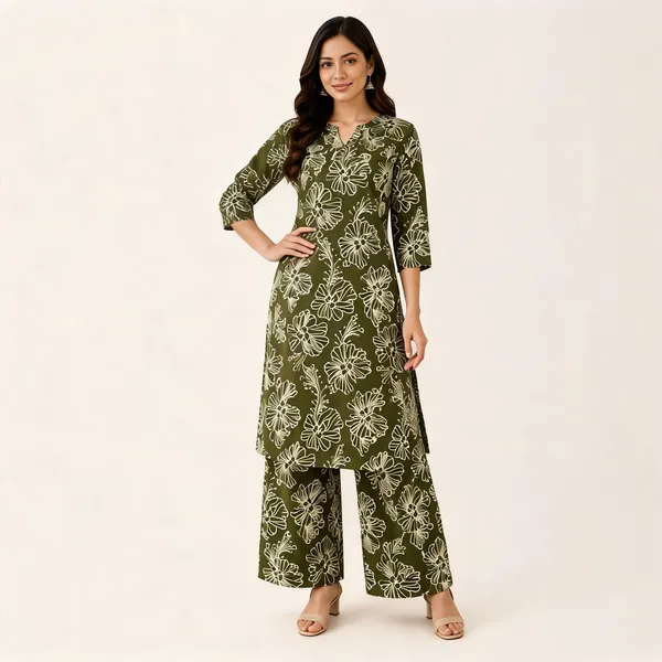 Olive_Green_Floral_Print_RayonCotton_Kurta_Set_for_Women