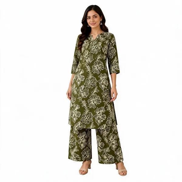Olive_Green_Floral_Print_RayonCotton_Kurta_Set_for_Women