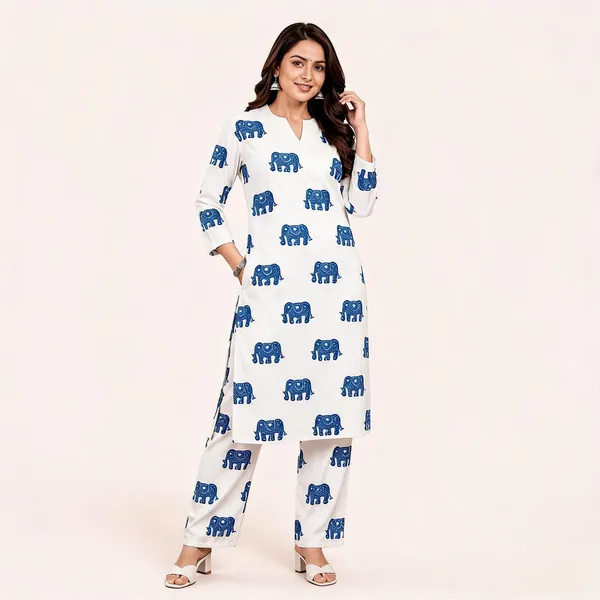 White_Cotton_Elephant_Print_Kurta_Set_for_Women