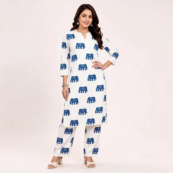 White_Cotton_Elephant_Print_Kurta_Set_for_Women