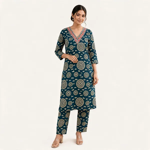 Teal_Blue_Printed_Straight_Kurta_With_Pants_Set_For_Women