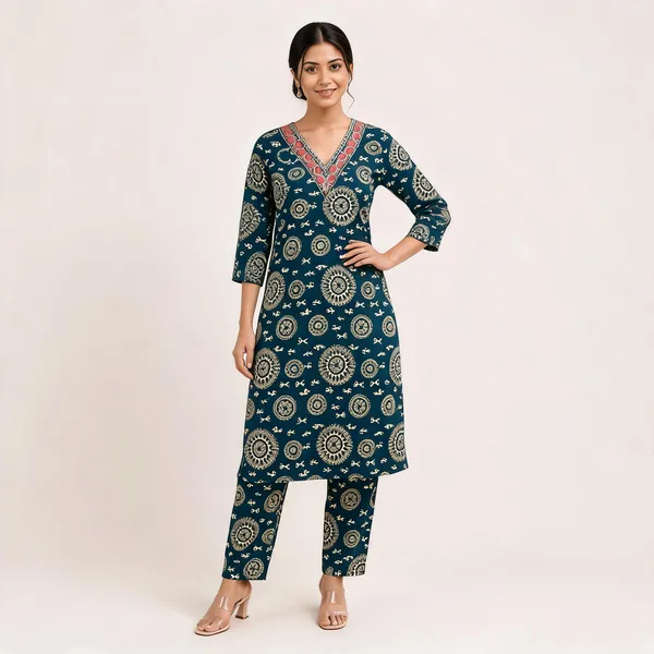 Teal_Blue_Printed_Straight_Kurta_With_Pants_Set_For_Women