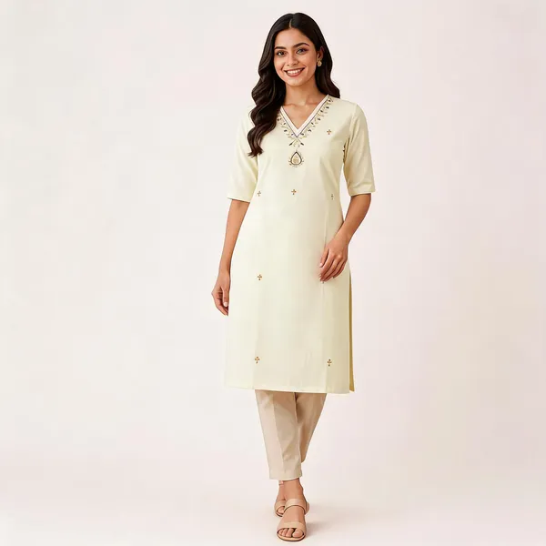 Cream_Embroidered_V-Neck_Kurta_for_Women