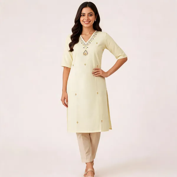 Cream_Embroidered_V-Neck_Kurta_for_Women