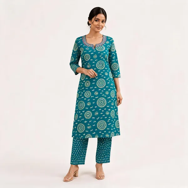 Turquoise_Blue_Cotton_Printed_Kurta_with_Pants_Set_for_Women