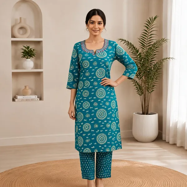 Turquoise_Blue_Cotton_Printed_Kurta_with_Pants_Set_for_Women