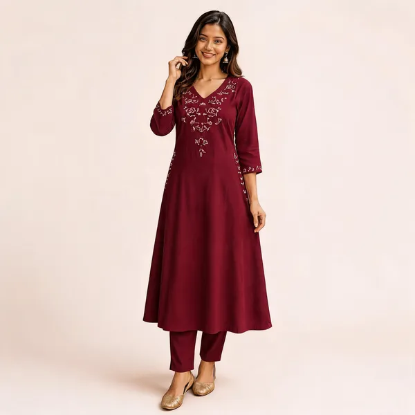 Maroon_Embroidered_A-Line_Kurta_with_Pants_for_Women