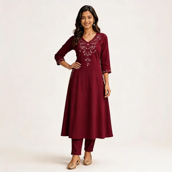 Maroon_Embroidered_A-Line_Kurta_with_Pants_for_Women